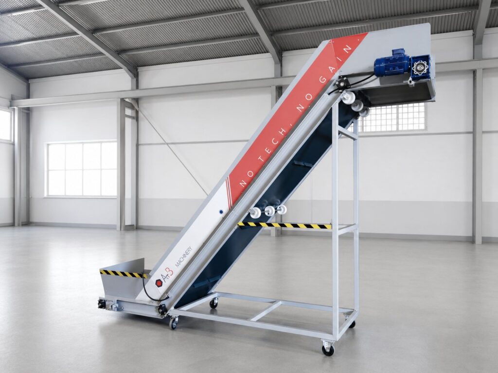 Cinta transportadora de subida de retal fabricada por SALA Industrial Service